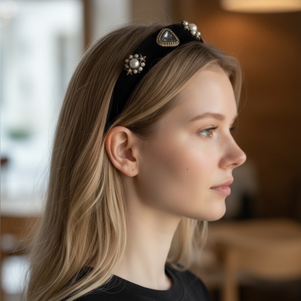 Elegant Black Headband with Gold Accents - Picture 1 of 5